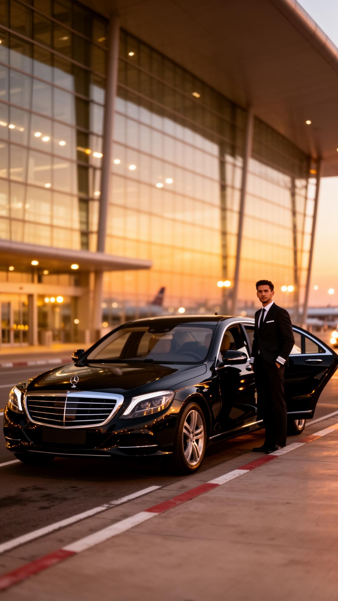 Chauffeur welcoming a VIP traveler outside an international airport terminal at twilight